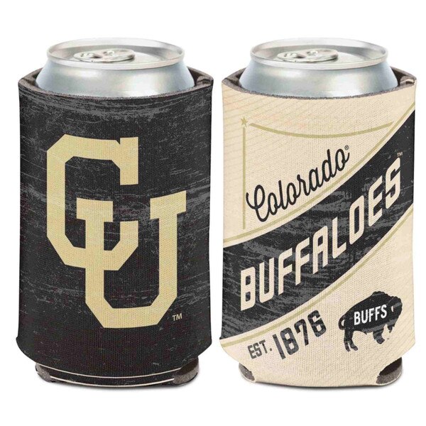 CU Buffaloes can cooler with bold graphics, distressed design, and insulated neoprene material, perfect for 12oz cans and bottles.